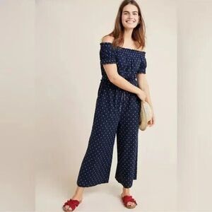 Anthropologie navy print Findley Off-The-Shoulder Jumpsuit Size SP wide-leg crop